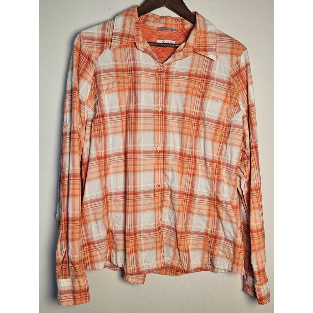 [Outdoor/Gorpcore] Columbia Plaid Button Up Shirt Womens XL Orange Roll‎ Sleeve